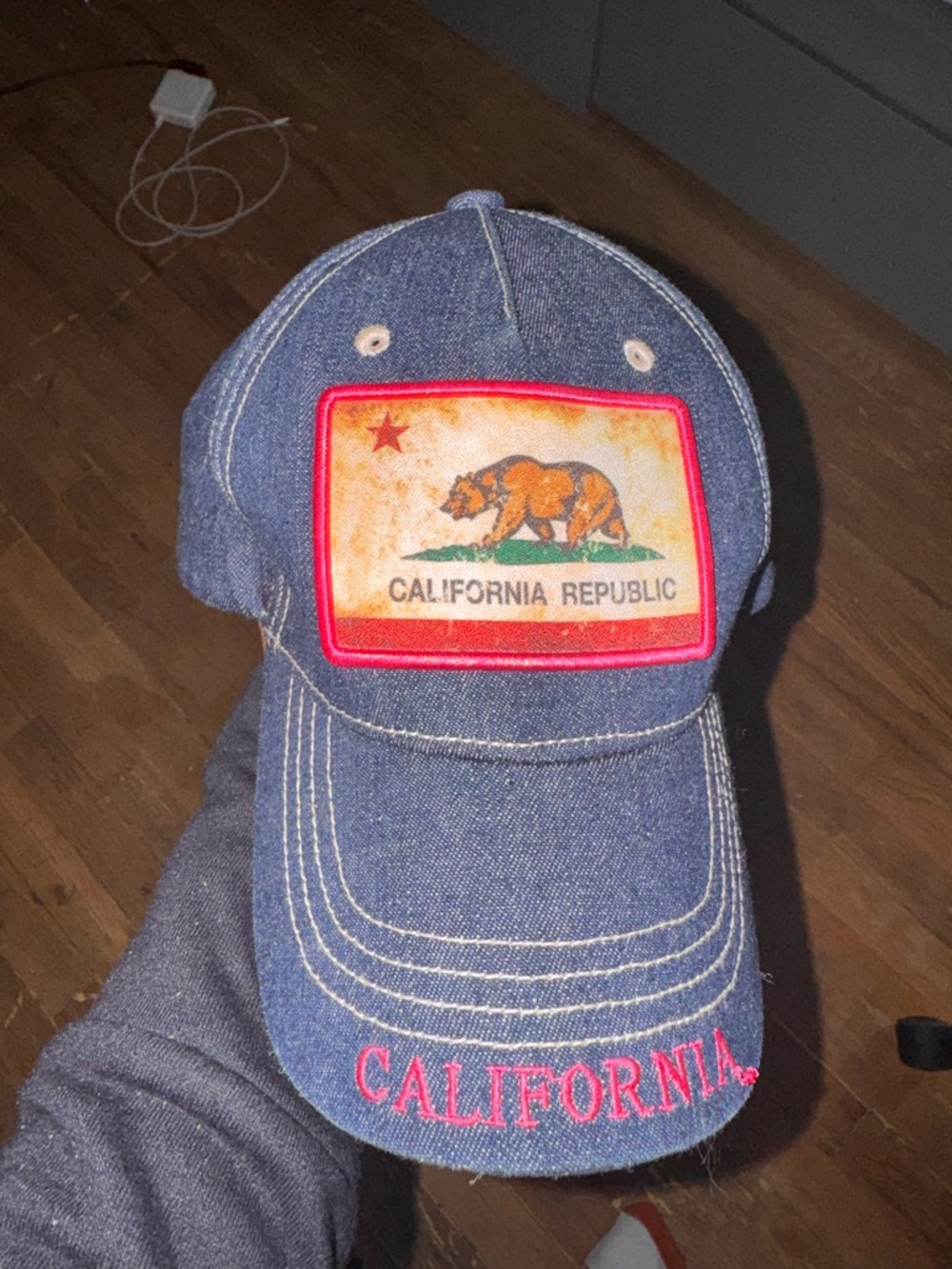 California Republic Denim Baseball Cap - Blue with Red Accent